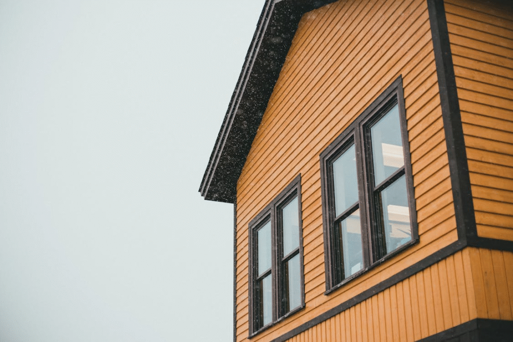 A view of a house against a blue sky